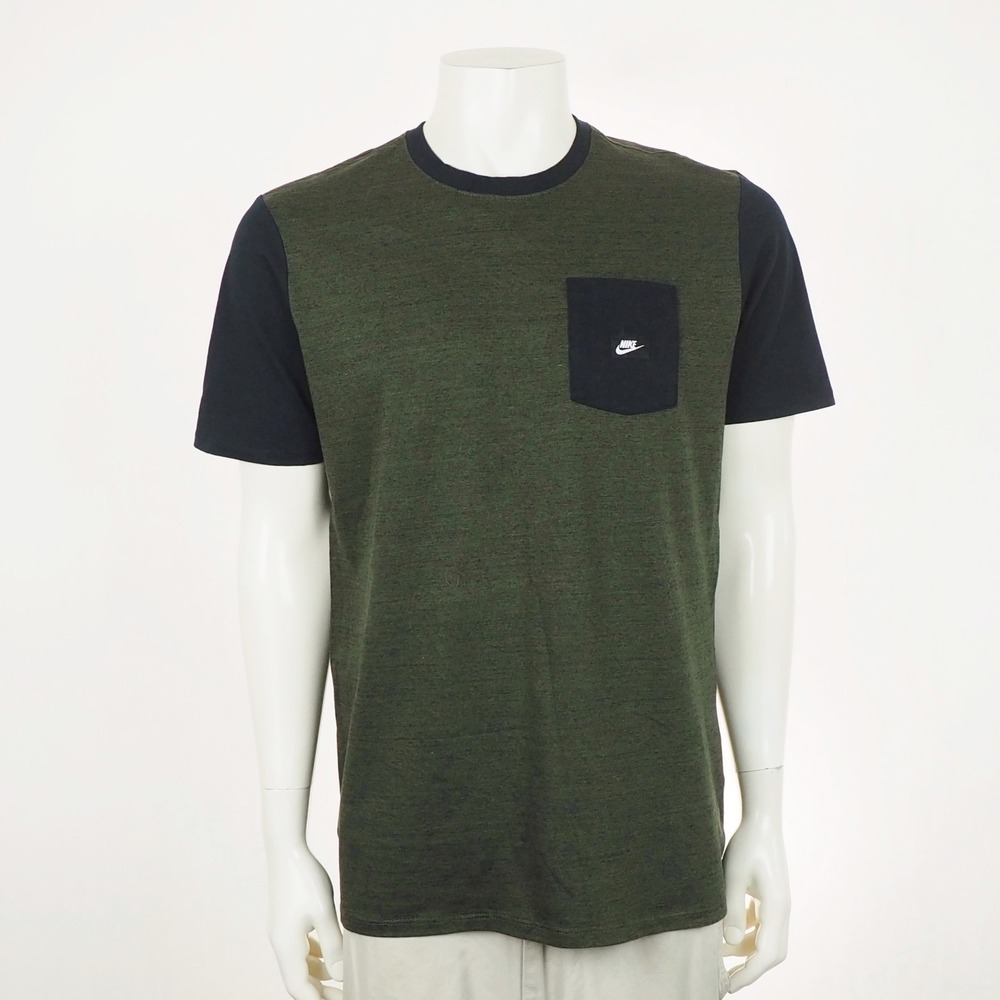 Nike Tee Shirt Mens Large Heather Dark Green Black Athletic Cut Swoosh Pocket